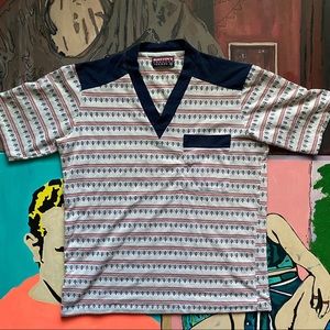 Vintage 80s Burtton's V Neck Fluer De Lis Pattern Skater Surfer Beach Sh…
